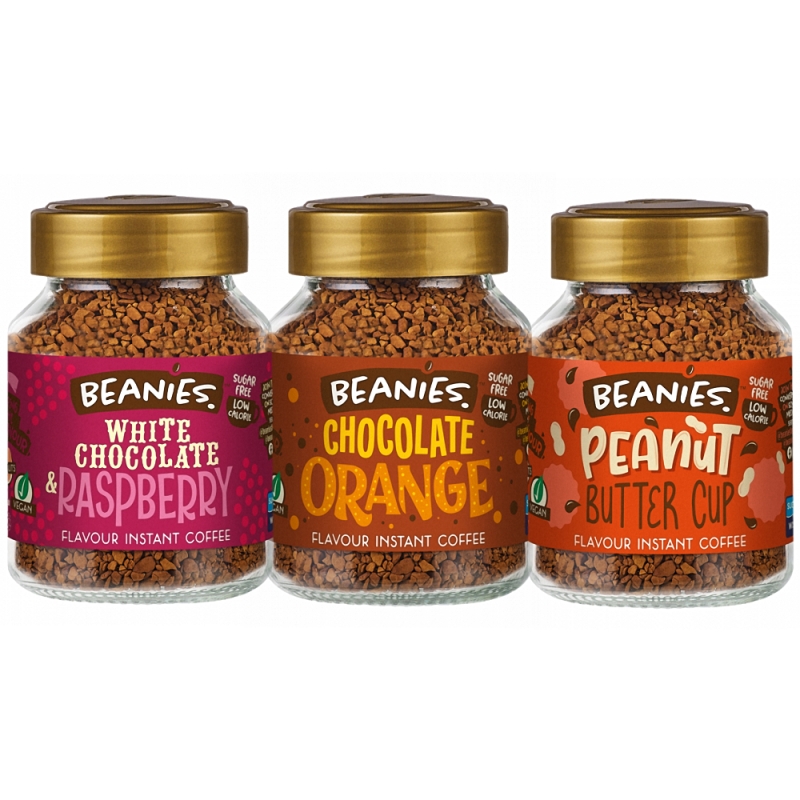 beanies coffee x 3 white chocolate raspberry, chocolate orange, peanut buttercup