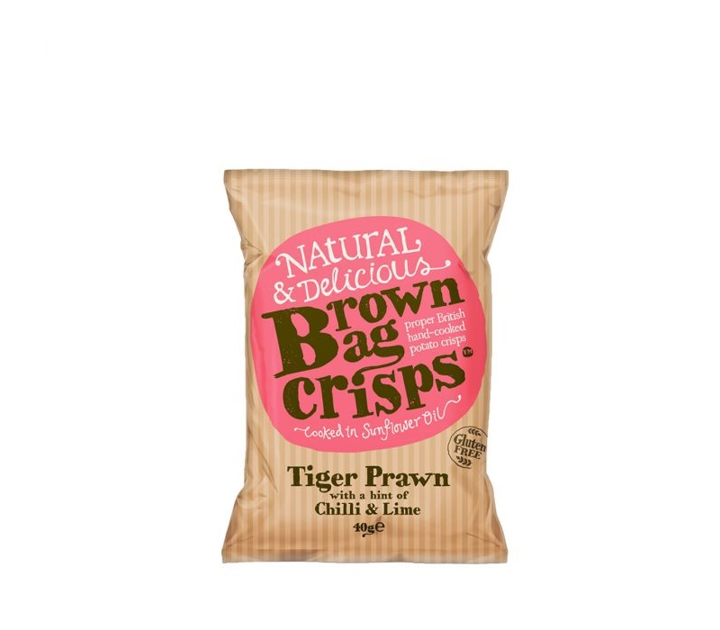 brown bag westcountry crisps – tiger prawn with chilli & lime – gluten free (40g)