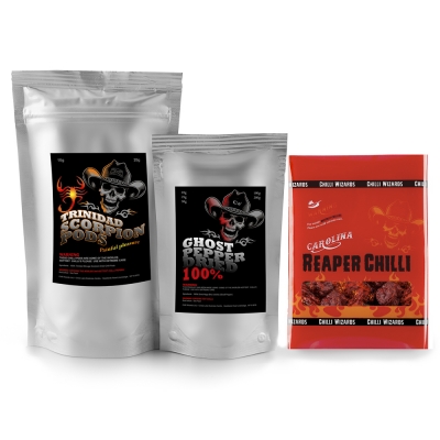 carolina reaper, moruga scorpion, naga jolokia ghost pepper dried pods 10g 3 pk chilli challenge