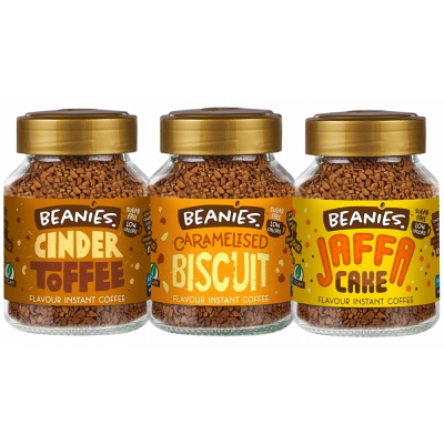 beanies coffee x 3 cinder toffee, caramelised biscuit, jaffa cake flavour coffee