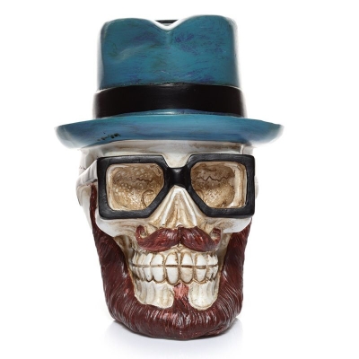 skull wearing glasses and trilby hat money box 